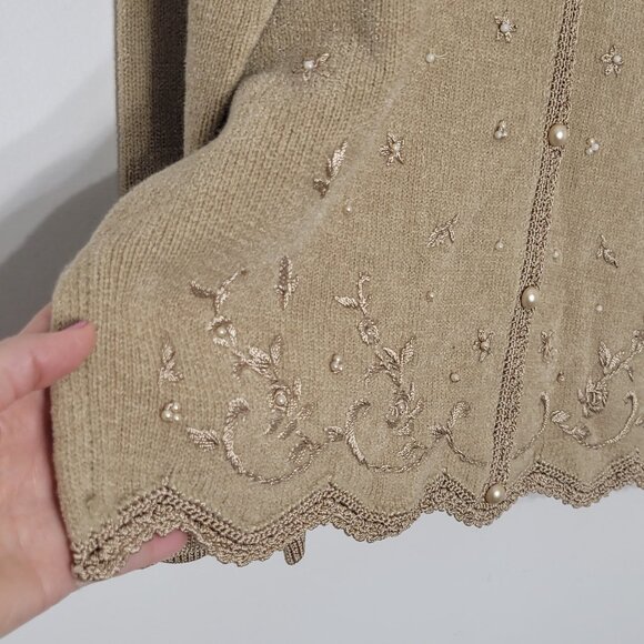 MOFFI Women's Tan Brown Embroidered Floral Button Knit Cardigan Crocheted Trim L - Picture 4 of 14